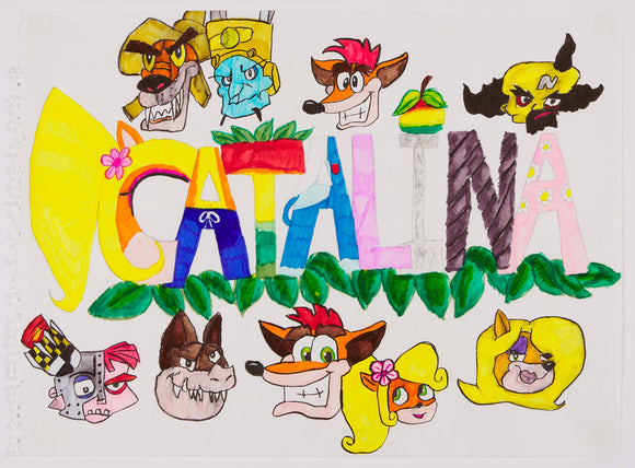 ‘Untitled 4’ is a colored pencil and graphite work of art that measures 24 x 18”. The artwork contains the artist’s name, ‘Catalina’ written out in colorful letters that seem to resemble the characters from the Crash Bandicoot universe. Surrounding the text are floating heads of the Crash Bandicoot universe including Crash, Coco, Dingodile, and Dr. Neo Cortex.