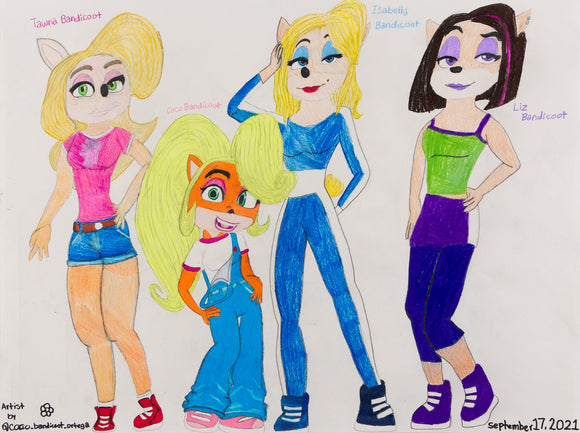 ‘Untitled 5’ is an acrylic and colored pencil on paper artwork that measures 24 x 18”. It contains four female characters. Each name of the character is written by the character it pertains to. From left to right, Tawna Bandicoot, Coco Bandicoot, Isabella Bandicoot, and Liz Bandicoot. The figures are each striking a pose as if having their picture taken. They are each wearing their own color scheme which matches their makeup and overall character design.