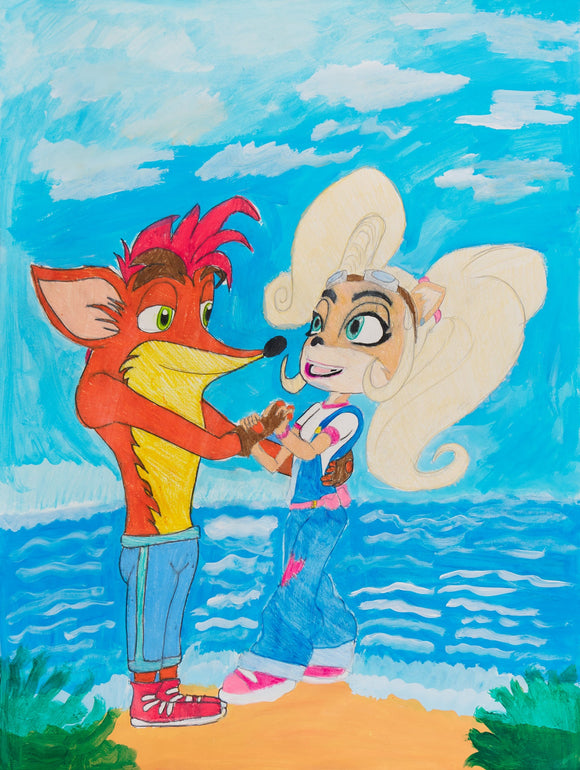 ‘Untitled 6’ is an acrylic and colored pencil on paper artwork that measures 24 x 18”. It displays a beautiful blue ocean backdrop with a partly cloudy sky. Center frame we see two siblings from the Crash Bandicoot Universe, Crash and Coco Bandicoot. The two are holding each other’s hands and gazing into each other’s eyes. They stand on a sandy beach in front of soft and gentle waves. There are tiny shrubs in the bottom corners of the artwork.