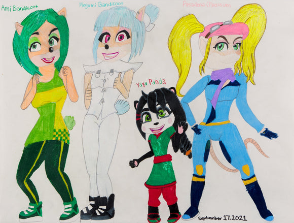 ‘Untitled 7’ is a marker and colored pencil on paper artwork that measures 18 x 24”. It contains four female characters from the Crash Bandicoot Universe. Each character has their corresponding name written above them. From left to right we have Ami Bandicoot, Megumi Bandicoot, Yaya Panda, and Pasadena O’Possum. Each character has their own color scheme that matches their outfit. They are presented as if posing for a picture, each looking back at the viewer.