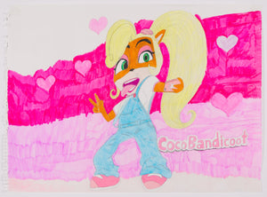‘Untitled 8’ is a marker and colored pencil on paper work of art that measures 18 x 24”. The artwork illustrates Coco Bandicoot, as referenced by her name written in pink, taking a selfie whilst holding up two fingers and exposing her tongue. She stands in front of a backdrop composed of two different shades of pink and five hearts. The artwork has a playful