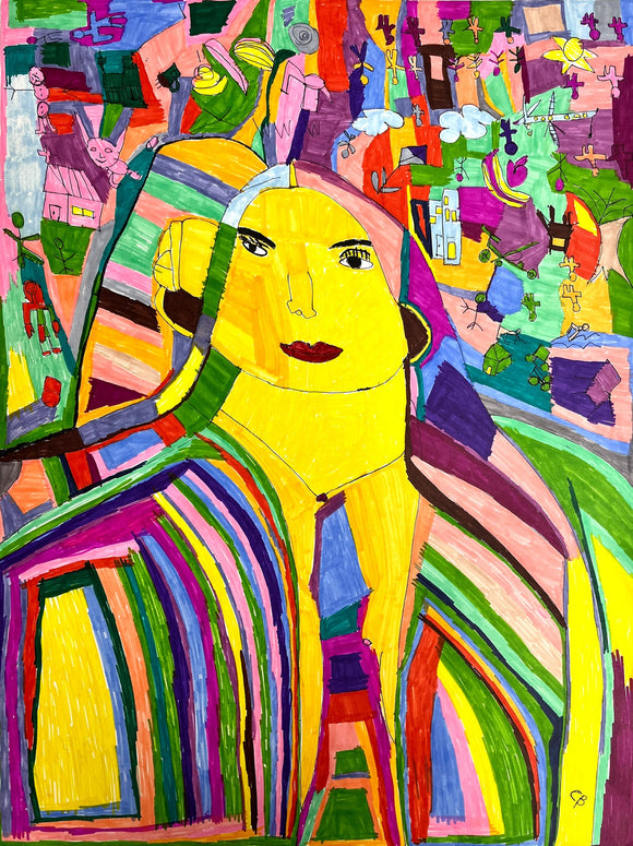 This vibrant, abstract composition features a stylized figure with a yellow face, set against a richly patterned background filled with diverse colors, shapes, and miniature scenes. The intricate layering of patterns and forms, along with the bold use of color, creates a dynamic visual narrative that juxtaposes the central figure’s serene expression with the chaotic energy of the surrounding environment.