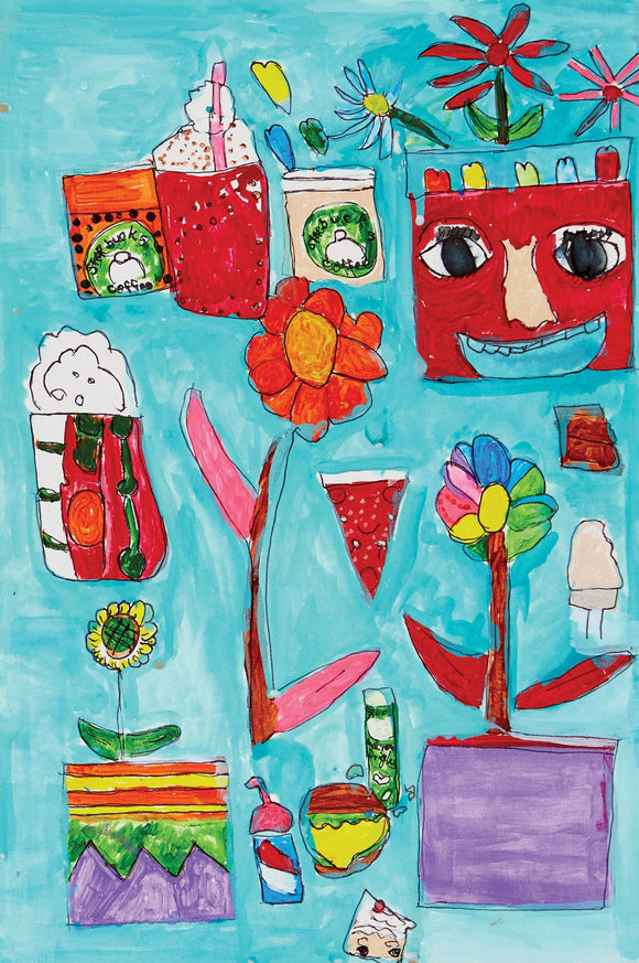 This playful composition depicts an assortment of colorful, stylized objects, including flower pots, beverages, and smiling faces, arranged against a bright blue background. The use of bold outlines and vibrant colors creates a whimsical and energetic aesthetic, blending elements of everyday objects and fantasy to evoke a sense of joyful spontaneity.