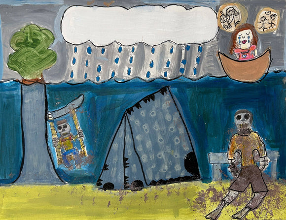 This painting presents a surreal, narrative scene featuring figures in a dark, watery landscape, with symbolic elements such as a crying girl in a boat, a skeleton on a swing, and thought bubbles depicting family scenes. The composition’s somber color palette and expressive style convey themes of isolation, longing, and fear, creating an emotionally charged visual story with layered meanings.