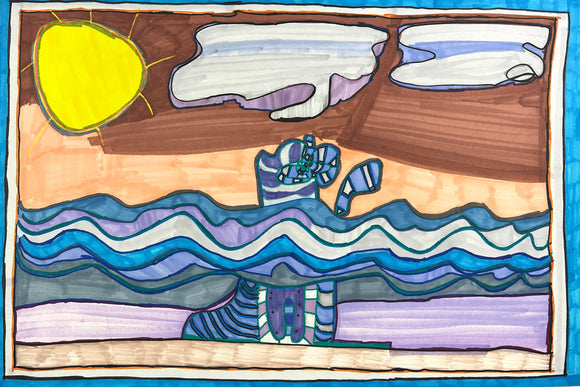 This artwork presents a stylized seascape, with undulating waves in shades of blue and purple flowing across the foreground and a bright yellow sun set against a brown and orange sky. The use of thick, outlined shapes and vibrant color blocks lends a graphic, abstract quality to the scene, emphasizing rhythm and movement in the interplay of natural elements.