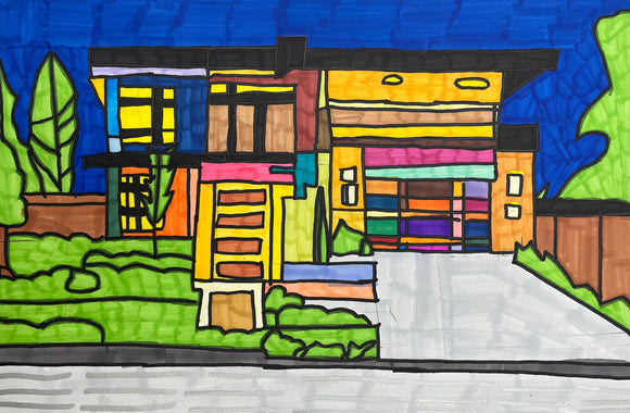 This illustration depicts a modern house with bold geometric forms, outlined in thick black lines and filled with a vibrant array of colors, set against a deep blue sky. The structured composition and vivid color contrasts emphasize the architectural elements, while the stylized greenery and simplified forms contribute to a playful, almost abstract representation of a residential scene.