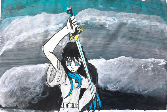 This artwork portrays a figure with intense blue eyes holding a sword aloft, set against a dramatic backdrop of swirling, turbulent clouds in shades of gray and teal. The high contrast between the figure’s dark hair, pale skin, and the monochromatic background emphasizes the character’s resolute expression, conveying themes of strength and determination within a dynamic, atmospheric scene.