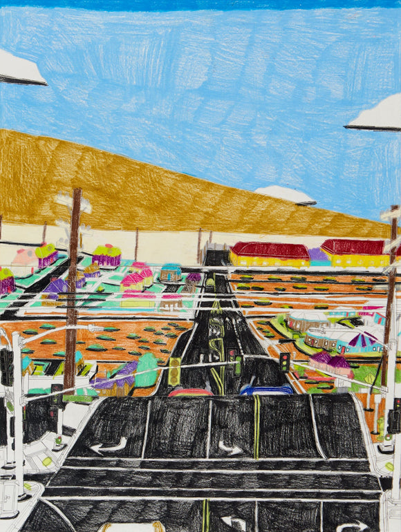 This drawing depicts a vibrant, stylized cityscape viewed from a high vantage point, with a road extending toward a mountainous backdrop under a bright blue sky. The composition employs bold colors and simplified geometric shapes for buildings and landscape elements, creating a dynamic interplay between the structured foreground of streets and the colorful, expansive scenery beyond.