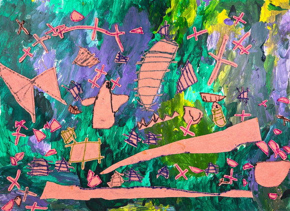 This vibrant mixed-media artwork features a chaotic arrangement of abstract, organic shapes in soft pink tones set against a dynamic background of lush greens, deep purples, and electric yellows, evoking a sense of movement and spontaneity. The interplay of layered textures and irregular, childlike shapes suggests an exploration of primitive or symbolic forms, creating a compelling contrast between the flat, graphic elements and the richly painted background.