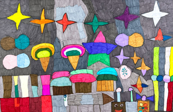 This artwork features an array of colorful geometric shapes and star-like forms scattered across a dark, segmented background, creating a lively and playful composition. The mix of bright colors and simplified shapes gives the piece a whimsical quality, evoking a sense of joyful randomness within a structured layout.