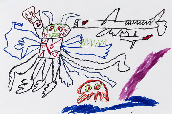 Eric Lue’s Attack on King Mondo (2021) depicts a multi-limbed, robotic creature with a segmented body, clawed appendages, and an intense, green-and-red face. A smaller figure with a fiery head emerges from its shoulder, adding to its surreal presence. Above, aircraft and missiles soar, suggesting an impending battle. Jagged blue energy lines and bursts of color enhance the chaotic scene. The bold outlines and expressive strokes evoke movement, power, and an otherworldly confrontation.