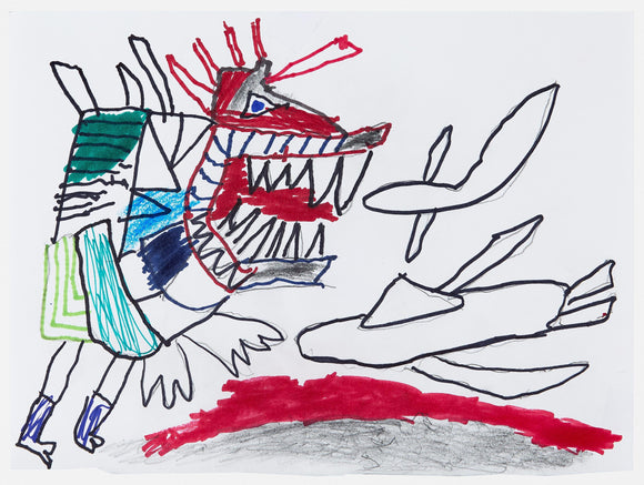 Eric Lue’s Balrog vs. China, ND presents a raw, energetic composition featuring a fierce, dragon-like creature with jagged teeth and a spiked mane, drawn with bold black outlines and expressive strokes of red, blue, and green. The figure’s fragmented body and exaggerated form create a sense of movement and chaos. Opposite, abstract winged shapes and a fallen figure introduce themes of battle or transformation. The vivid contrast of colors and aggressive linework evoke a visceral, mythic intensity.