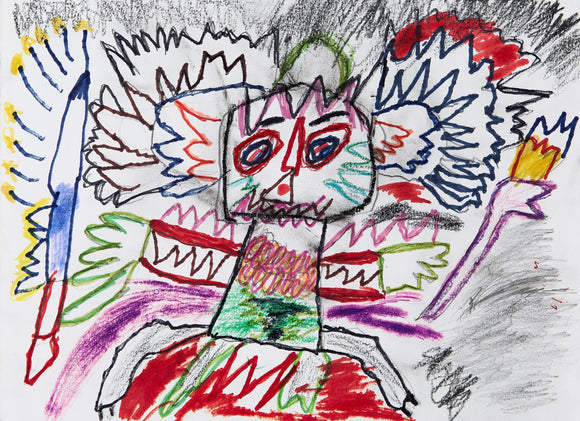Eric Lue’s Electric (2021) bursts with energy, featuring a striking humanoid figure with jagged wings, sharp red eyes, and a fierce expression. Bold, zigzagging patterns in red, blue, and green radiate from its body, creating an electrifying presence. The figure grips a glowing staff in one hand and a flame-like object in the other. Expressive crayon strokes and intense contrasts between bright and dark areas evoke power, movement, and a sense of raw, chaotic energy.