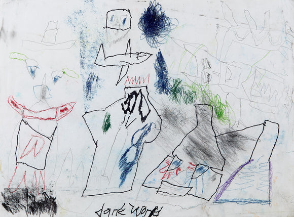 Eric Lue’s Emperor Mavro (2021) presents a surreal, chaotic scene with fragmented figures and structures. A central figure with a jagged crown and dark, angular form looms over the composition, while ghostly outlines of additional characters and mechanical elements fill the background. Expressive crayon strokes in blue, green, and red add depth and tension. The words 