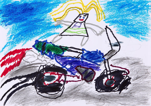 Eric Lue’s Emperor Mavro Riding Armada Warship (2021) depicts a bold, energetic scene featuring a central figure with flowing yellow hair and a triangular body, riding a heavily stylized war machine. The dark, jagged wheels and mechanical details contrast with vibrant blues, reds, and greens, evoking motion and power. Expressive crayon strokes and layered textures create a sense of speed and intensity, while the dynamic composition suggests a commanding presence in battle.