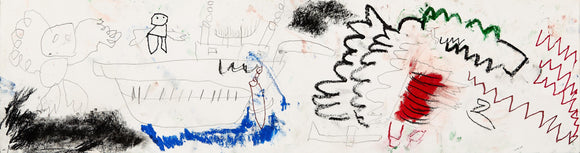 Eric Lue’s Godzilla Battle Scene is a dynamic, sketch-like composition featuring Godzilla in an intense confrontation. The piece is drawn with bold black, red, and green strokes, with jagged lines and swirling textures suggesting movement and destruction. Abstract figures, including a small humanoid and a boat on blue waters, add to the chaotic atmosphere. The expressive use of color, smudged textures, and raw linework capture the energy of an epic battle unfolding across the