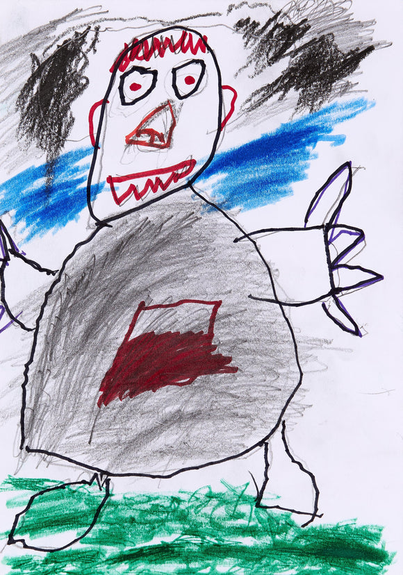 Eric Lue’s Hades (2021) presents a looming, monstrous figure with a distorted face, red eyes, and jagged teeth. The bulky, dark body features a red square-like marking on its chest, adding an ominous touch. Outstretched hands with claw-like fingers enhance the figure’s menacing presence. The background’s smudged black and blue strokes create a dramatic, stormy atmosphere, while the green ground anchors the composition. Bold lines and expressive colors evoke chaos, power, and mythological intensity.