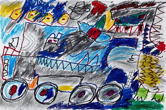 Eric Lue’s Mack Truck (2021) is a bold, chaotic depiction of a monstrous truck infused with mechanical and organic elements. The vehicle's jagged teeth, expressive eyes, and layered textures give it a fierce, animated presence. Explosive bursts of yellow, red, and blue contrast with dark crayon strokes, creating a sense of movement and intensity. Figures, abstract forms, and machinery details blend into a surreal, action-packed composition that merges industrial power with imaginative energy.
