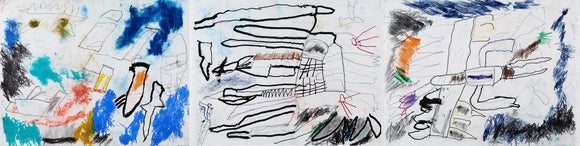 Eric Lue’s Marines Attack Afghanistan (2021) is a sprawling triptych featuring military vehicles, aircraft, and chaotic battle scenes. Bold black outlines define tanks, helicopters, and missile launches, while smudged blues, reds, and oranges add depth and energy. Explosions and debris scatter across the piece, emphasizing movement and destruction. Expressive crayon strokes and layered textures evoke the intensity of combat, blending raw expression with dynamic storytelling.