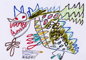 Eric Lue’s Monster 2 (2021) showcases a fierce, dragon-like creature with jagged teeth, red eyes, and spiked features. The monster’s body is covered in bold patterns, including red and black spots, layered green textures, and sharp blue and yellow accents. It appears to launch red missiles, while a tank fires in the foreground, adding tension to the scene. The expressive linework, vivid colors, and chaotic energy evoke themes of destruction, battle, and mythic power.