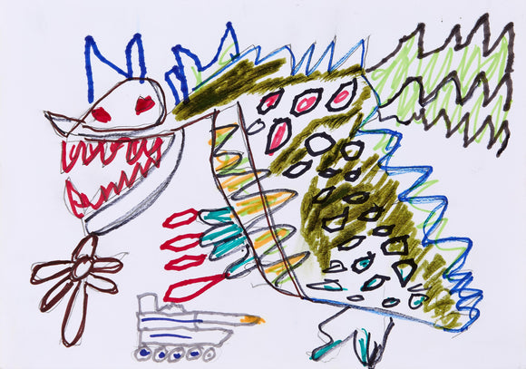 Eric Lue’s Monster 2 (2021) showcases a fierce, dragon-like creature with jagged teeth, red eyes, and spiked features. The monster’s body is covered in bold patterns, including red and black spots, layered green textures, and sharp blue and yellow accents. It appears to launch red missiles, while a tank fires in the foreground, adding tension to the scene. The expressive linework, vivid colors, and chaotic energy evoke themes of destruction, battle, and mythic power.