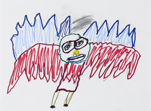 Eric Lue’s Monster 4 (2021) features a striking, hybrid creature with a human-like face, glasses, and a beak, blending elements of an eagle and a humanoid figure. The wide red wings dominate the composition, with jagged blue spikes above adding energy and movement. Bold crayon strokes and expressive linework create a raw, dynamic feel, while the figure’s stance suggests flight or transformation. The mix of colors and textures evokes themes of power, identity, and surreal mutation.
