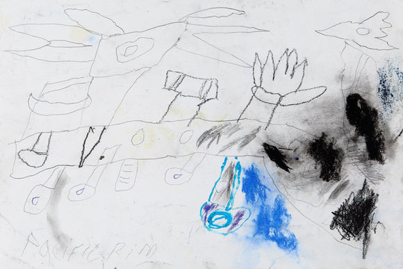 Eric Lue’s Pacific Rim (2021) is a sketch-like, dynamic composition featuring a massive robotic figure with angular limbs and mechanical details. Light pencil outlines and bold black smudges create depth, while splashes of blue and yellow suggest energy and motion. Abstract aircraft and jagged forms in the background hint at a battle scene. The expressive, unfinished quality of the drawing enhances its raw, cinematic intensity, evoking the chaos and power of a mechanized confrontation.