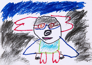 Eric Lue’s Pink Dog (2021) portrays a surreal, expressive canine figure with a human-like face, red glasses, and a bold black nose. The creature's body is outlined in blue, with a turquoise chest and pink, clawed feet. Swirling black and red strokes add movement and energy, while a dark sky contrasts with the vivid colors. The raw, textured crayon strokes and exaggerated features give the figure an intense, almost otherworldly presence, blending abstraction with animalistic forms.