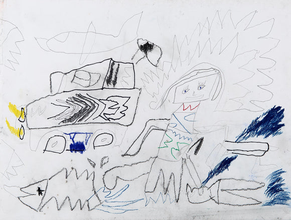 Eric Lue’s Ship Org and the Armada Mothership (2021) depicts a surreal battle scene with a towering humanoid figure featuring spiked hair, angular limbs, and intricate markings. A massive, heavily detailed vehicle with bold arrow-like patterns and yellow exhaust flames dominates the left side, while a jagged sea creature emerges from below. Aircraft and energy bursts in the background enhance the dynamic composition. Expressive linework and sketchy textures evoke movement, power, and conflict.