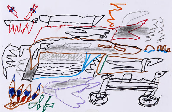 Eric Lue’s Tank Drone (War) presents a chaotic battlefield of futuristic war machines. The composition features large, heavily outlined tanks and drones with jagged edges and sharp details, evoking a sense of mechanical aggression. Fiery bursts, smoke, and dynamic lines create an atmosphere of destruction and conflict. The use of bold black, red, and brown strokes, alongside blue and purple accents, enhances the energy, portraying a high-intensity war scene with a surreal quality.