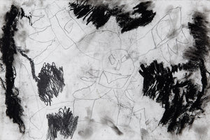 Eric Lue’s Tao Tei of the Four Evils (2021) presents a haunting, mythical creature drawn with delicate pencil lines against a dark, textured background. The beast's sharp teeth, angular eyes, and massive outstretched limbs give it a menacing presence. Heavy black smudges and expressive charcoal strokes create an eerie, chaotic atmosphere. The contrast between the faint figure and the intense shadows evokes themes of fear, legend, and supernatural power, capturing a sense of lurking danger.