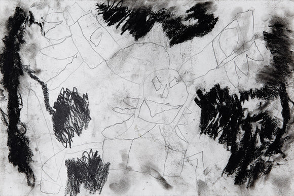 Eric Lue’s Tao Tei of the Four Evils (2021) presents a haunting, mythical creature drawn with delicate pencil lines against a dark, textured background. The beast's sharp teeth, angular eyes, and massive outstretched limbs give it a menacing presence. Heavy black smudges and expressive charcoal strokes create an eerie, chaotic atmosphere. The contrast between the faint figure and the intense shadows evokes themes of fear, legend, and supernatural power, capturing a sense of lurking danger.