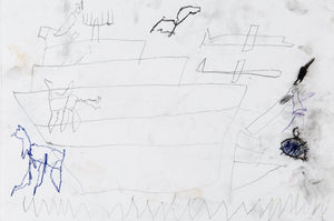 Eric Lue’s USS Truman (2021) presents a sketch-like depiction of a massive warship, drawn with delicate pencil lines and subtle shading. Aircraft, mechanical structures, and figures appear throughout, adding layers of complexity. A horse-like figure in blue stands near the base, while smudged black and purple marks enhance the raw, atmospheric quality. The composition’s minimal yet expressive details evoke themes of naval power, movement, and an unfolding battle scene.