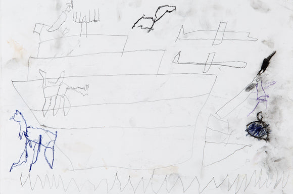 Eric Lue’s USS Truman (2021) presents a sketch-like depiction of a massive warship, drawn with delicate pencil lines and subtle shading. Aircraft, mechanical structures, and figures appear throughout, adding layers of complexity. A horse-like figure in blue stands near the base, while smudged black and purple marks enhance the raw, atmospheric quality. The composition’s minimal yet expressive details evoke themes of naval power, movement, and an unfolding battle scene.