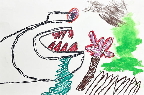 This drawing features a large, abstract creature with sharp, red teeth and a single, staring eye, juxtaposed against a simple landscape with a tree and jagged fence. The bold, black outlines and expressive use of color create a sense of raw energy, giving the piece a primal and somewhat ominous tone.