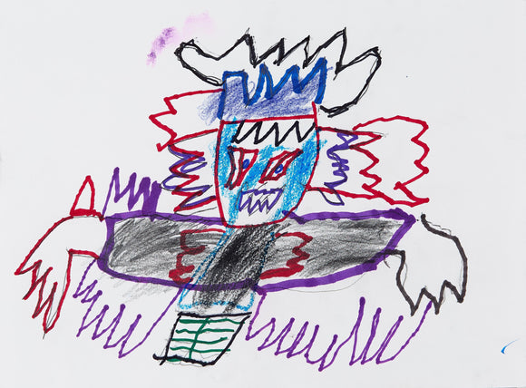 Eric Lue’s Vexor (2021) presents a striking, monster-like figure with a jagged blue face, sharp red eyes, and a row of pointed teeth. Surrounded by wild, red and purple energy lines, the creature exudes intensity and movement. A dark, textured torso with wing-like arms adds to its imposing presence. Black, blue, and white spikes crown its head, reinforcing its fierce, otherworldly aura. The bold crayon strokes and expressive colors create a chaotic yet captivating visual impact.