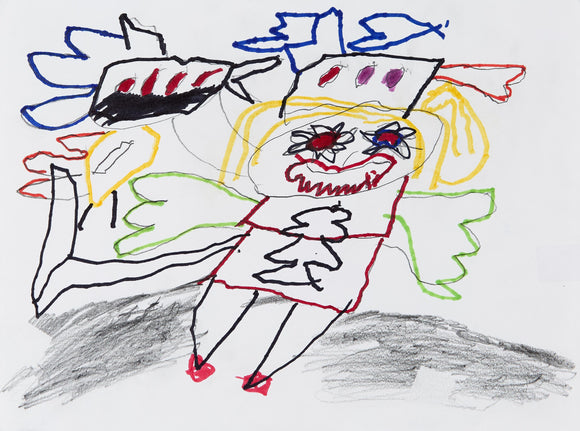 Eric Lue’s WWE Monster Girl (2021) depicts a striking, winged figure with an intense expression, sharp teeth, and bold, flower-like eyes. The character's blocky head features a crown-like structure with red and purple markings, while flowing yellow hair and green wings add dynamic contrast. Surrounding elements, including abstract shapes and planes, contribute to the chaotic energy. Expressive linework, vivid colors, and jagged forms create a fierce, surreal presence infused with motion and power.