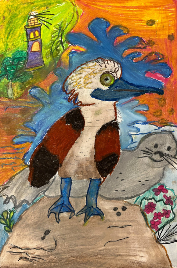 This vibrant drawing features a blue-footed booby standing on a rocky surface, surrounded by a colorful coastal landscape with swirling blue waves, a lighthouse, and a playful seal. The bold use of color and expressive linework bring a lively, whimsical energy to the scene, capturing both the unique character of the bird and the dynamic environment around it.