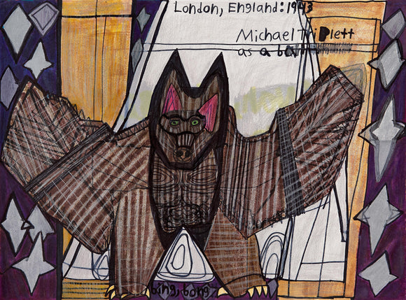 Evan Hynes’ Bat of the Dark (2) (2022) depicts a hybrid bat-like figure with outstretched wings in an intricate, geometric style using colored pencil and marker. The composition merges organic and architectural elements, with a gothic-inspired backdrop and text referencing London in 1943. The figure's intense green eyes and layered textures evoke mystery and transformation. The work blends historical narrative with surreal imagery, exploring identity and metamorphosis in a dynamic, graphic aesthetic.
