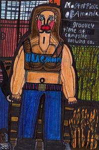 Evan Hynes’ Blue Moon Babe (2023) portrays a bold, muscular figure in a graphic, expressive style using colored pencil and marker. The subject wears a cropped "Blue Moon" tank top and jeans, with exaggerated facial features and a commanding stance. Text elements and a dynamic background suggest a lively social setting. The piece blends raw, intuitive linework with a vibrant palette, exploring themes of identity, strength, and cultural expression through a contemporary folk-art aesthetic.