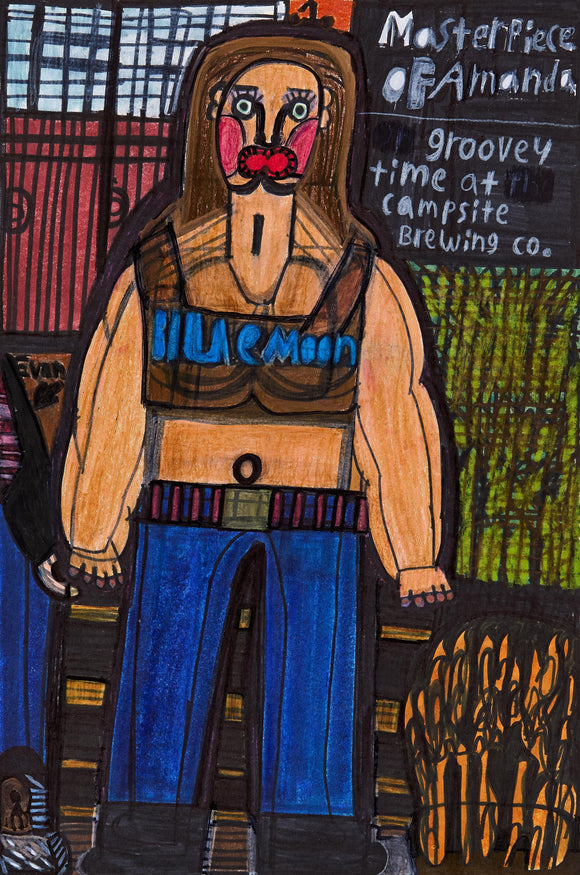 Evan Hynes’ Blue Moon Babe (2023) portrays a bold, muscular figure in a graphic, expressive style using colored pencil and marker. The subject wears a cropped 
