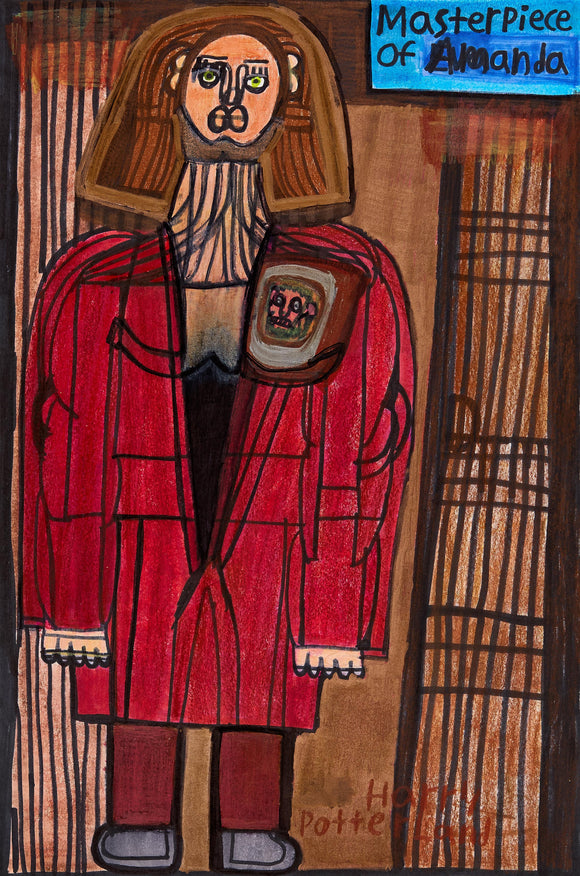 Evan Hynes’ Brunette of the Beasts (2023) portrays a striking figure in a red coat, executed in colored pencil and marker. The subject’s abstracted face, intense green eyes, and layered textures create a commanding presence. A small framed image on the coat suggests themes of identity and reflection. The background’s structured lines contrast with expressive linework, reinforcing the figure’s prominence. Hynes blends folk-art aesthetics with a bold, contemporary narrative.