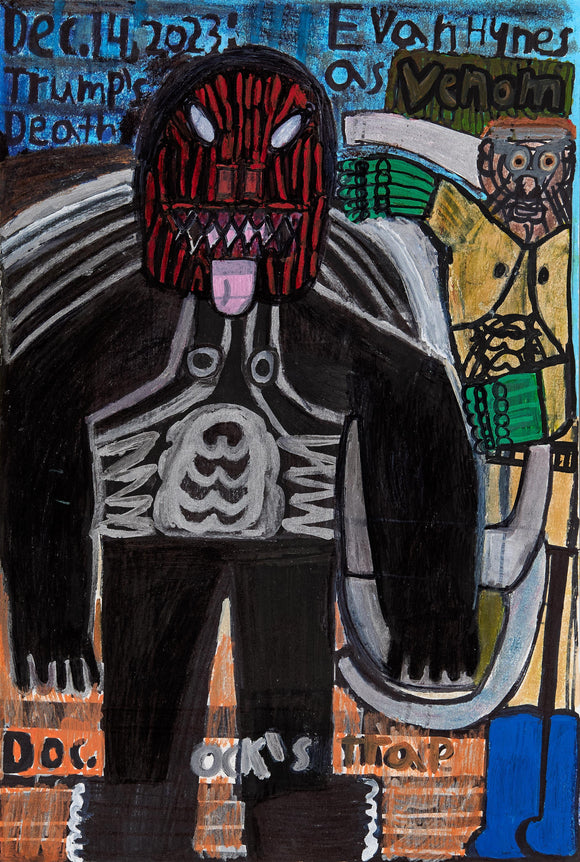 Evan Hynes’ Creature from Uranus (2024) presents a bold, graphic interpretation of a monstrous figure with sharp teeth, skeletal patterns, and an intense expression. Created with colored pencil and marker, the composition features dark, contrasting tones and expressive linework. Text elements and a secondary figure add narrative complexity, evoking themes of transformation and otherworldly menace. Hynes’ raw, illustrative style blends pop culture influences with a surreal, visceral aesthetic.