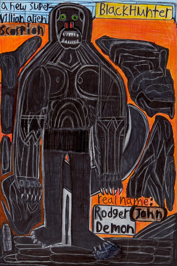 Evan Hynes’ Danger Zone Sandona (2021) presents a towering black figure with sharp claws and glowing green eyes, rendered in colored pencil and marker. The composition is layered with bold outlines, fiery orange contrasts, and fragmented text revealing the character’s villainous identity. Abstract, biomorphic forms surround the figure, enhancing its menacing presence. Hynes merges comic book aesthetics with raw, expressive linework to explore themes of power, mythology, and transformation.