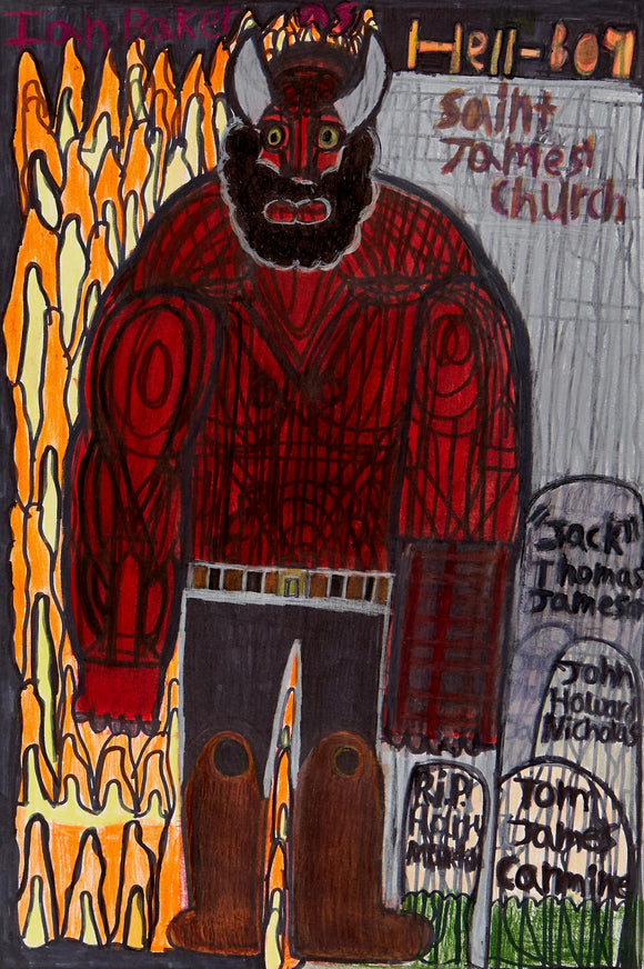 Evan Hynes’ Demon Hero (2021) depicts a towering red figure with horns, surrounded by flames and gravestones, rendered in colored pencil and marker. The bold composition features intricate linework, layered textures, and expressive typography referencing Saint James Church. The figure’s intense gaze and muscular form evoke themes of power, myth, and morality. Hynes’ raw, graphic style merges comic book influences with a folk-art aesthetic, exploring heroism and the supernatural.