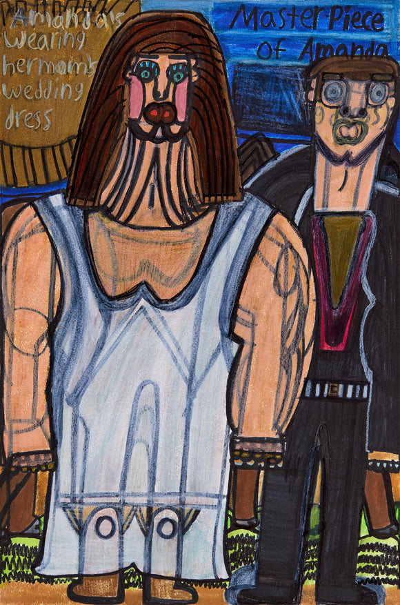 Evan Hynes’ Dress of a Mom's Vengeance (2023) portrays a bold, muscular figure wearing a flowing white dress, juxtaposed with a sharply dressed companion. Rendered in colored pencil and marker, the composition features expressive linework, geometric structuring, and a striking contrast of textures. The text elements suggest a personal narrative, adding layers of identity and transformation. Hynes’ raw, folk-art aesthetic explores themes of strength, memory, and femininity.