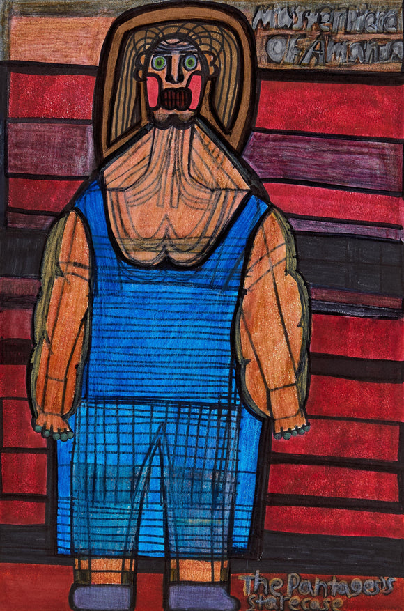 Evan Hynes’ Elegance of A Woman (2023) depicts a muscular figure in a bold blue dress against a rich red-striped background. Rendered in colored pencil and marker, the composition features geometric structuring, expressive linework, and intense green-eyed expression. Text elements reference 