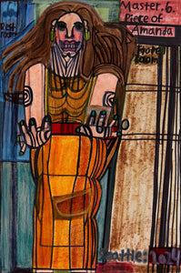 Evan Hynes’ Feel The Joy, Bad Boy (2023) depicts a striking female figure with flowing hair, adorned in a golden dress, with expressive hands reaching forward. Created with colored pencil and marker, the piece features bold outlines, layered textures, and a dynamic composition. The inclusion of text and architectural elements suggests a narrative setting. Hynes’ raw, folk-art aesthetic explores themes of power, femininity, and emotional intensity through a contemporary, expressive lens.