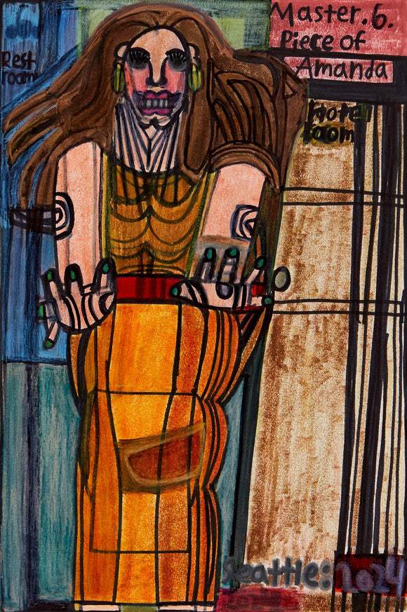Evan Hynes’ Feel The Joy, Bad Boy (2023) depicts a striking female figure with flowing hair, adorned in a golden dress, with expressive hands reaching forward. Created with colored pencil and marker, the piece features bold outlines, layered textures, and a dynamic composition. The inclusion of text and architectural elements suggests a narrative setting. Hynes’ raw, folk-art aesthetic explores themes of power, femininity, and emotional intensity through a contemporary, expressive lens.