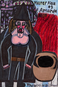 Evan Hynes’ Girlfriend of "Evil" (2023) presents a commanding witch-like figure clad in black, with piercing green eyes and bold facial features. Rendered in colored pencil and marker, the composition combines rich textures, intricate patterns, and expressive linework. A cauldron and text elements enhance the mystical atmosphere. Hynes’ raw, folk-art aesthetic explores themes of power, transformation, and dark femininity, blending mythology with a contemporary, graphic sensibility.